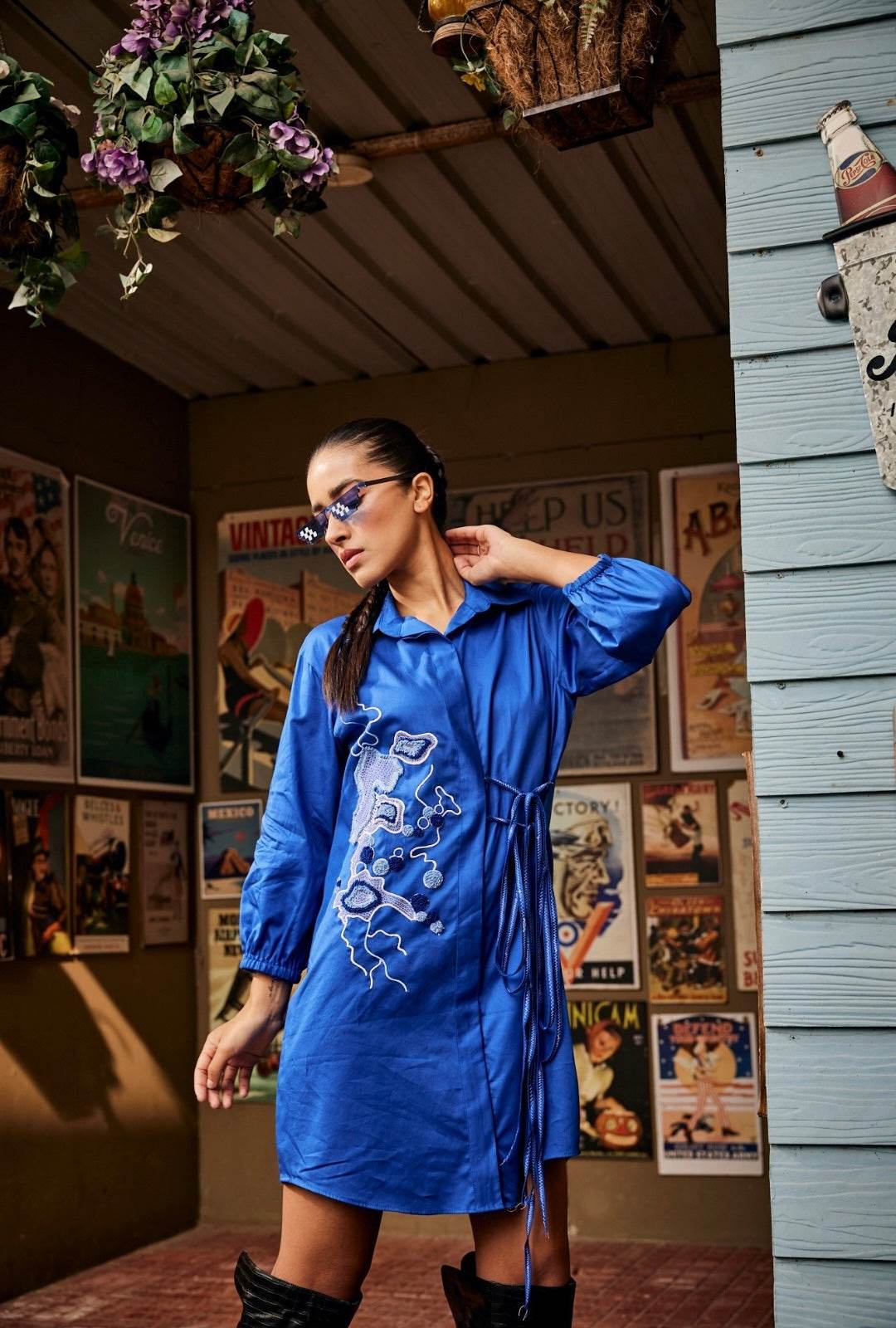 Blue Crossed Shirt Dress - Puja Agarwal