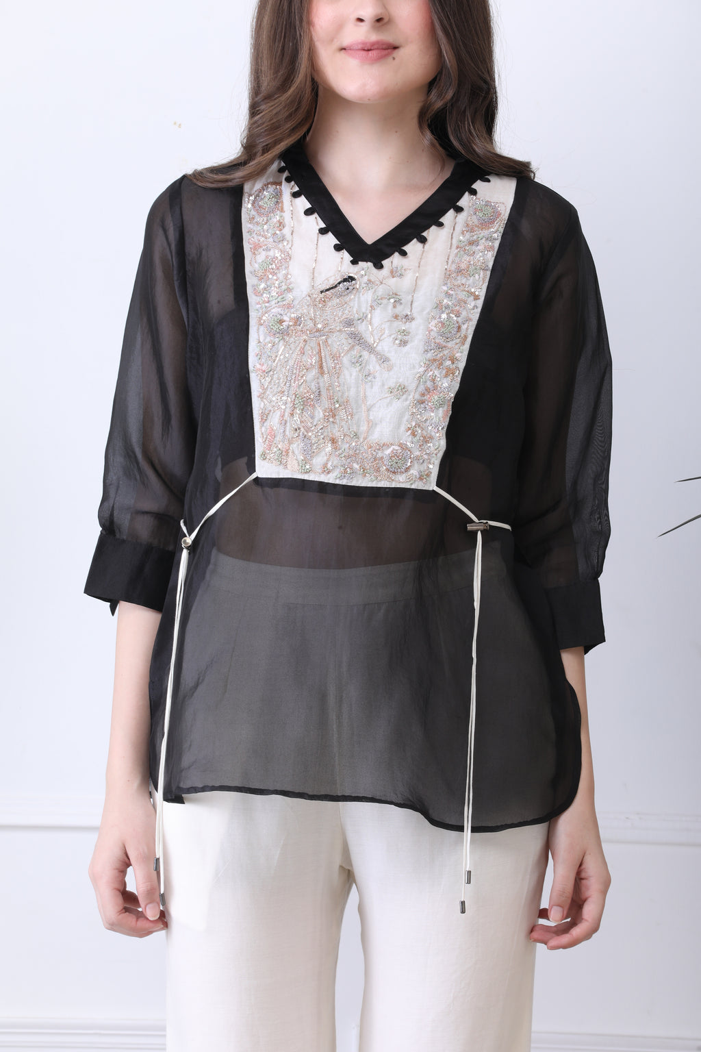 Stuart Black  Embroidered Chanderi Top with Ivory Pants
