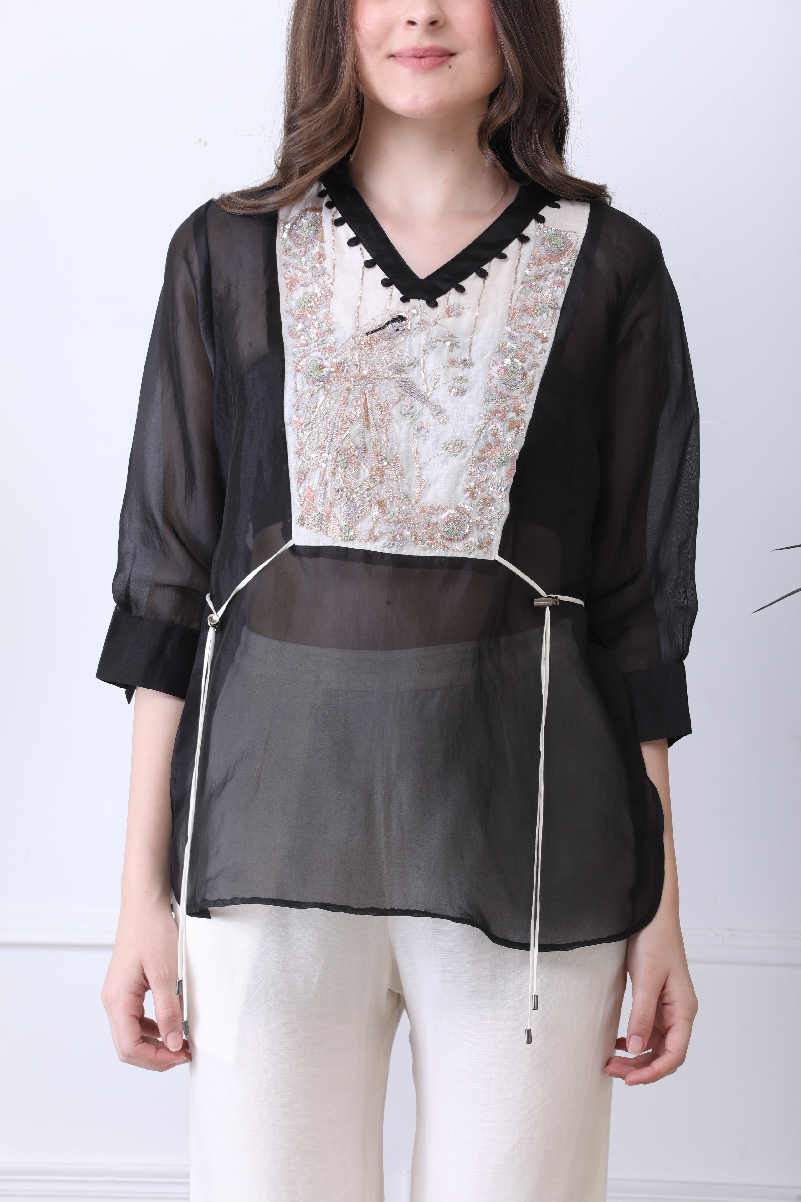 Stuart Black  Embroidered Chanderi Top with Ivory Pants