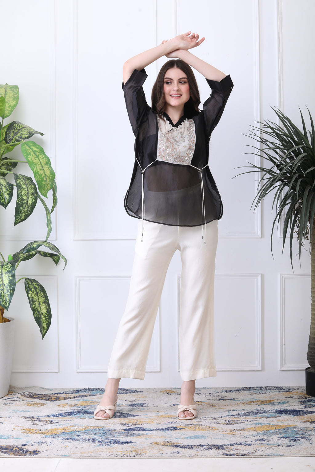 Stuart Black  Embroidered Chanderi Top with Ivory Pants