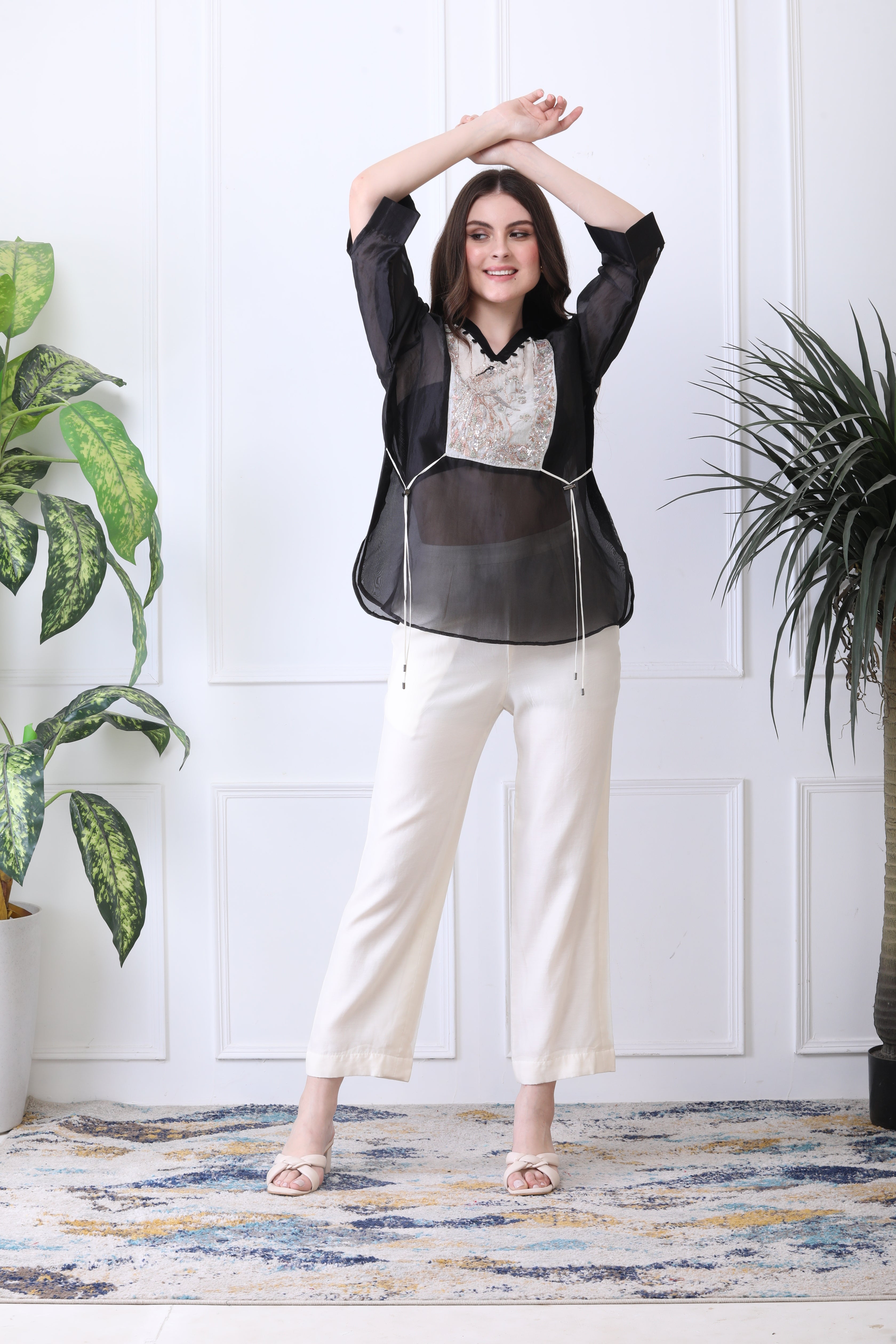 Stuart Black  Embroidered Chanderi Top with Ivory Pants
