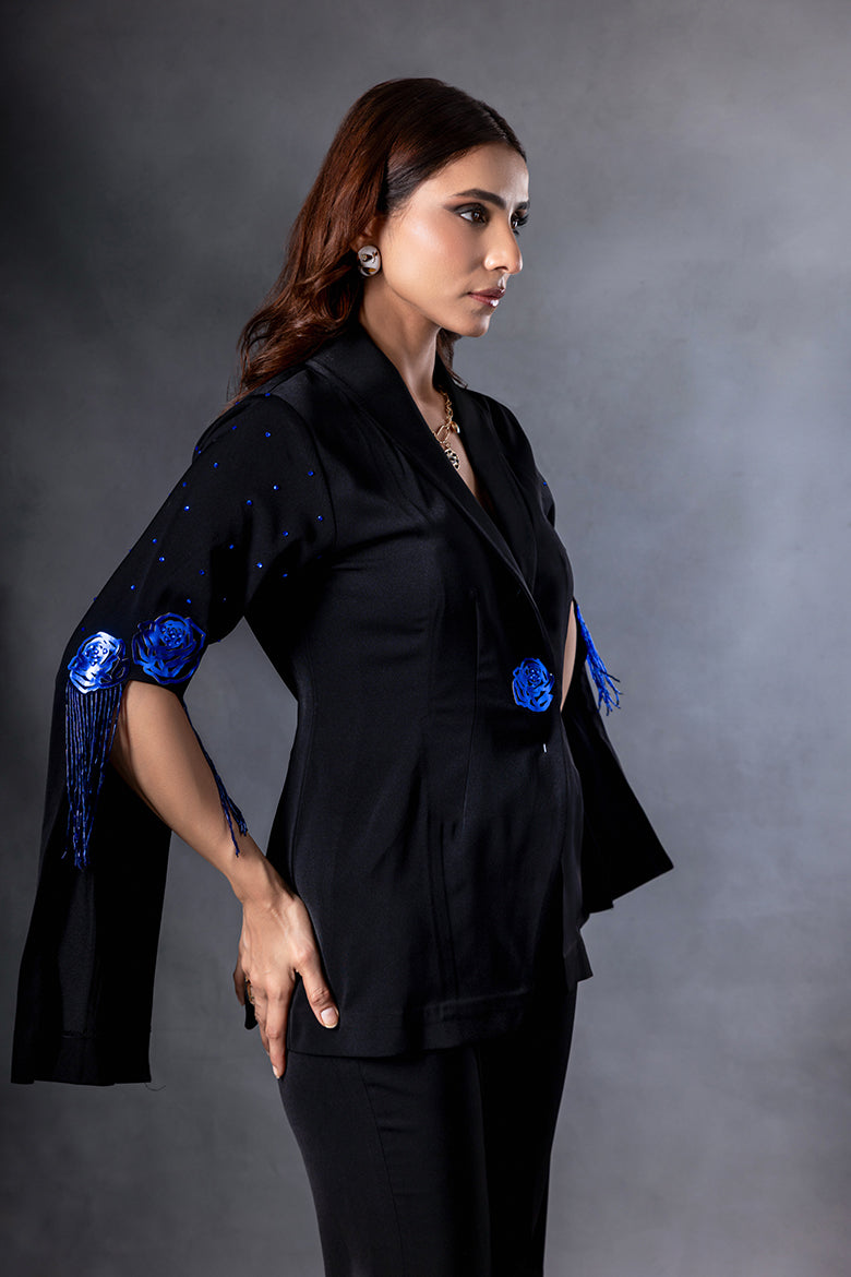 Metallic Blue Rose Patch Tassel Power Suit