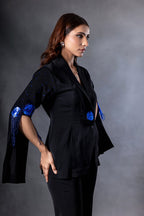 Metallic Blue Rose Patch Tassel Power Suit