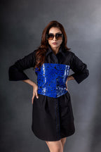Electric Blue Corset Top with Black Shirt Dress