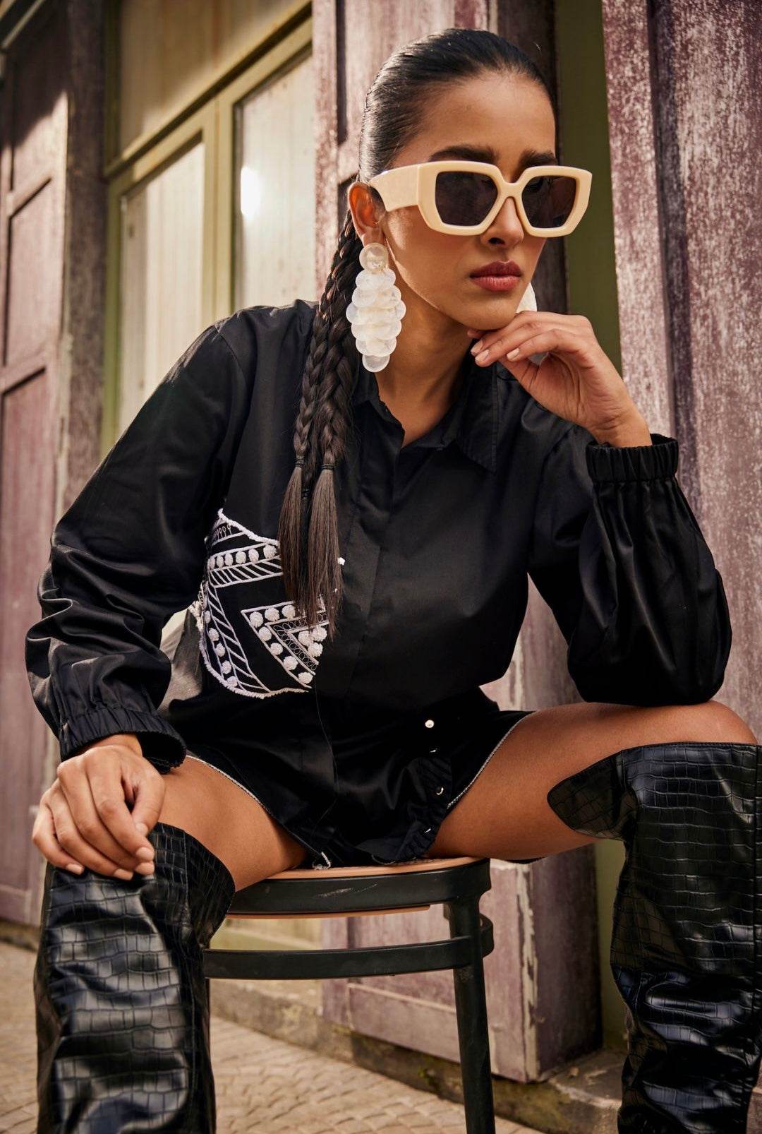 Black Triangle Geometric Embroidered Shirt / Co-ord Set - Puja Agarwal