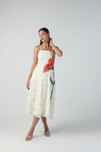 ELYSIA CUTWORK LACE WITH FLORAL APPLIQUE THREADWORK MIDI DRESS - Fllaë