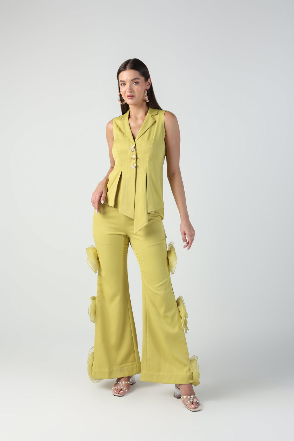 ELENA GREEN SLEEVELESS JACKET WITH ROSETTE PANT CO-ORD SET - Fllaë