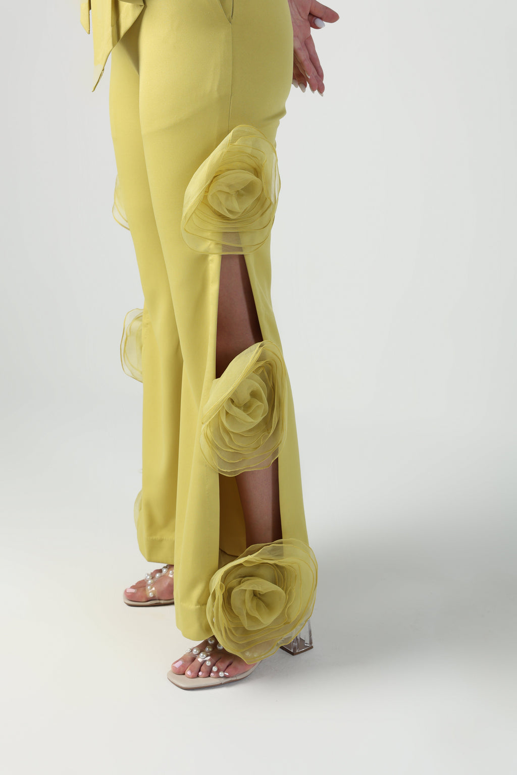 ELENA GREEN SLEEVELESS JACKET WITH ROSETTE PANT CO-ORD SET