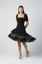 BEATRICE BLACK DETACHABLE SLEEVE STRAPLESS PEARL TASSEL DRESS - Fllaë