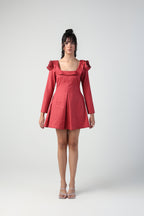 VALENTINA RED 3D ROSETTE SLEEVE FULL SLEEVE MINI DRESS - Fllaë