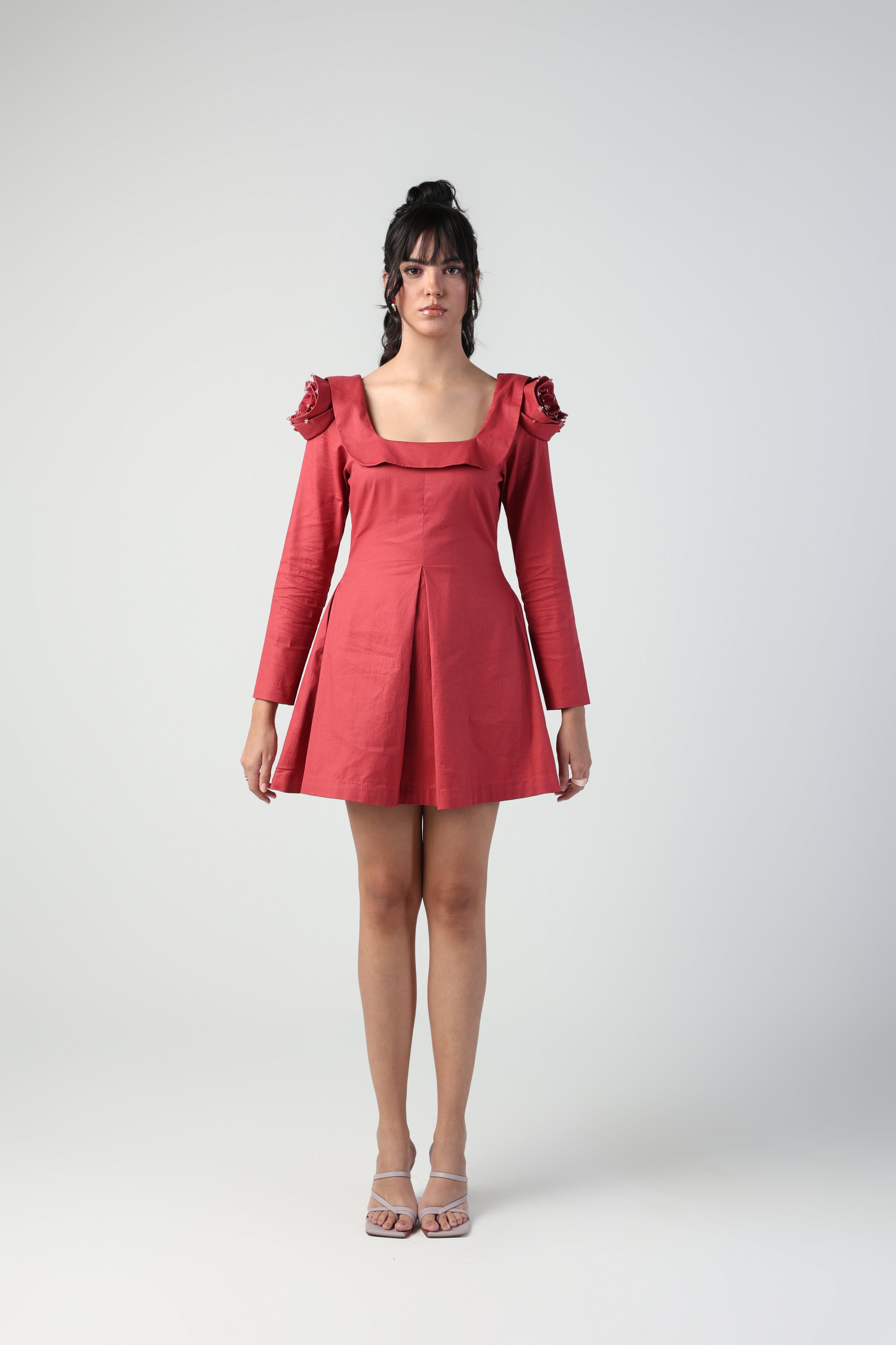 VALENTINA RED 3D ROSETTE SLEEVE FULL SLEEVE MINI DRESS - Fllaë