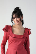 VALENTINA RED 3D ROSETTE SLEEVE FULL SLEEVE MINI DRESS