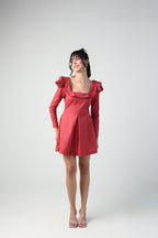 VALENTINA RED 3D ROSETTE SLEEVE FULL SLEEVE MINI DRESS