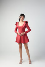 VALENTINA RED 3D ROSETTE SLEEVE FULL SLEEVE MINI DRESS