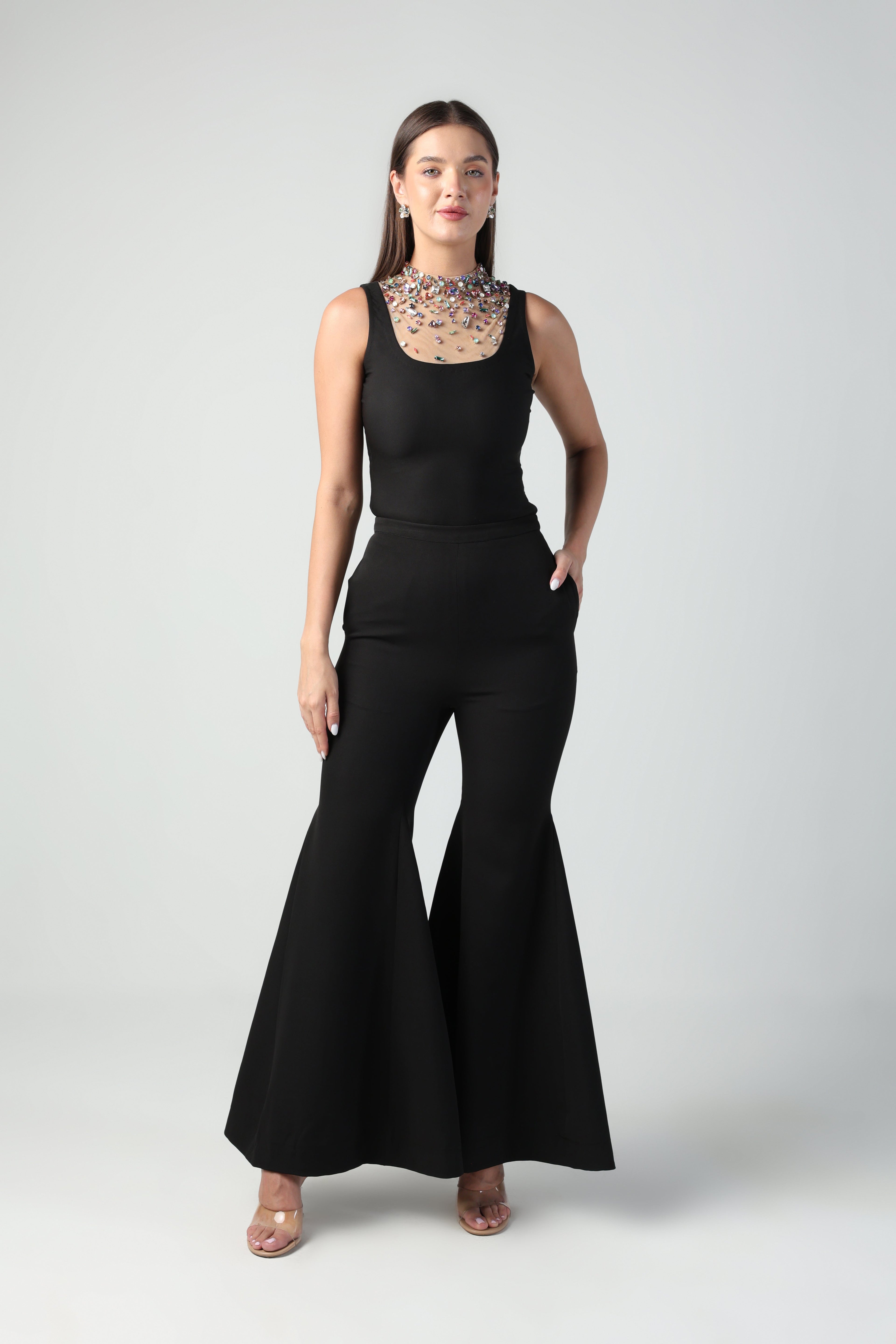 AZZURRA MULTI COLOR SWAROVSKI CRYSTAL SLEEVELESS BODYSUIT AND PANT CO-ORD SET - Fllaë
