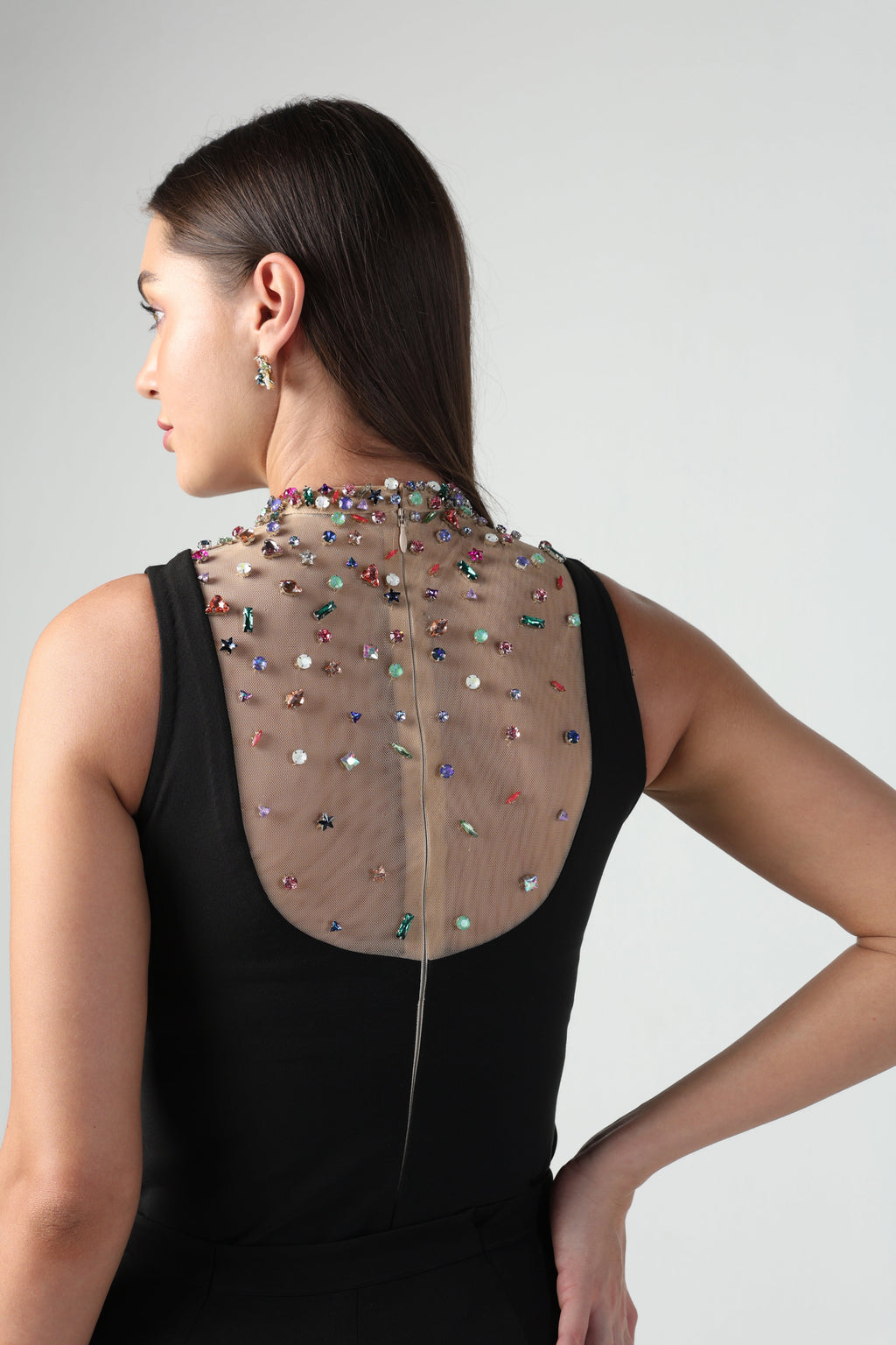 AZZURRA MULTI COLOR SWAROVSKI CRYSTAL SLEEVELESS BODYSUIT AND PANT CO-ORD SET