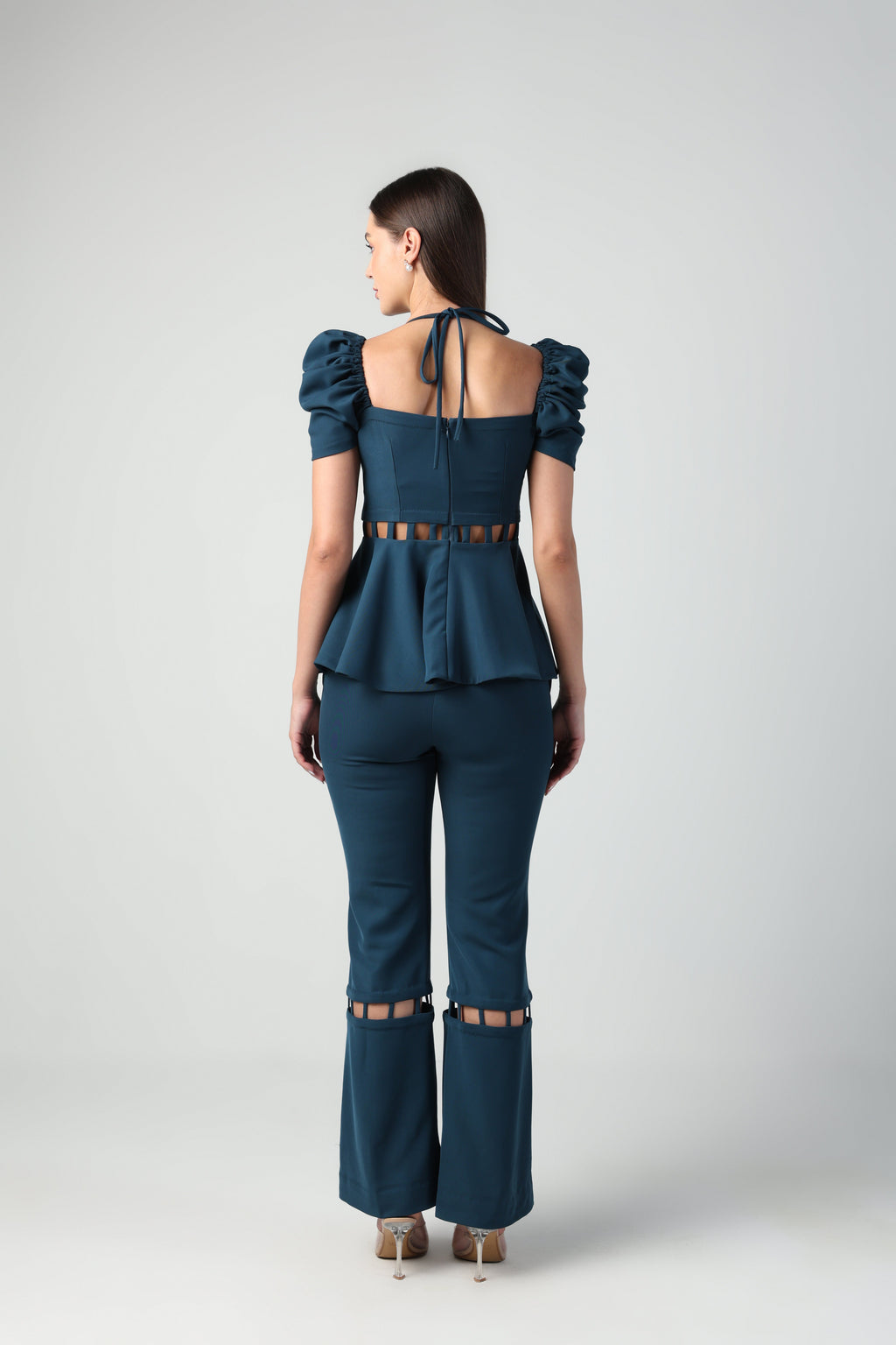 LUCIA TEAL BLUE BANDEAU NECK CUTOUT PEPLUM CO-ORD SET