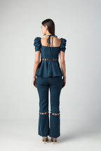 LUCIA TEAL BLUE BANDEAU NECK CUTOUT PEPLUM CO-ORD SET