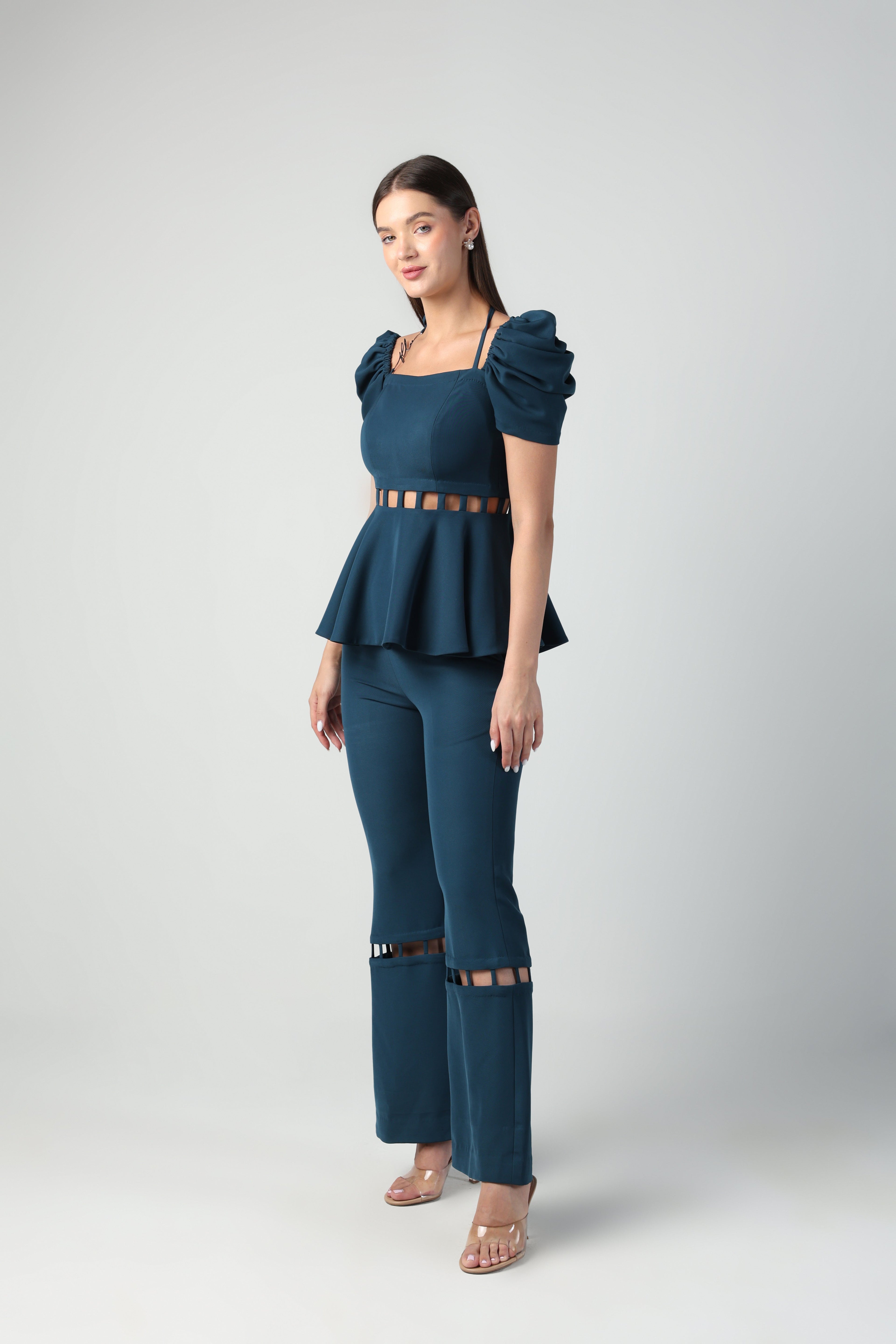 LUCIA TEAL BLUE BANDEAU NECK CUTOUT PEPLUM CO-ORD SET - Fllaë