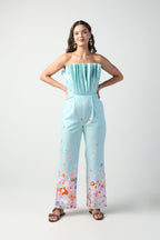ALARA MINT GREEN 3D PLEATED STRAPLESS OMBRE FLORAL PRINTED JUMPSUIT - Fllaë