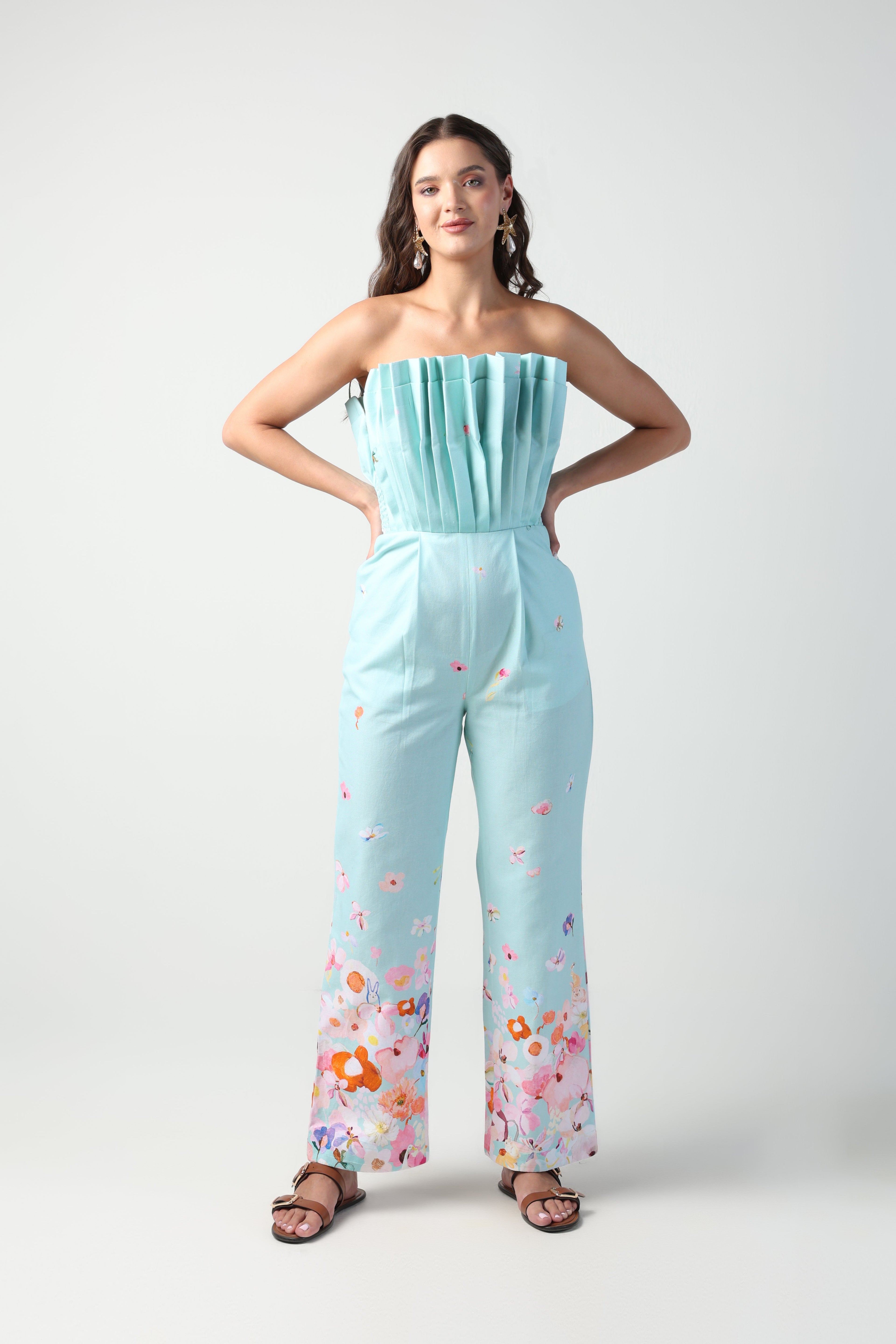 ALARA MINT GREEN 3D PLEATED STRAPLESS OMBRE FLORAL PRINTED JUMPSUIT - Fllaë