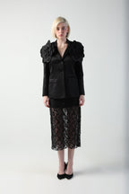 ALICIA MULTI SIZED 3D FLOWER OVERSIZED LOOK JACKET AND MIDI LACE SKIRT CO-ORD SET - Fllaë