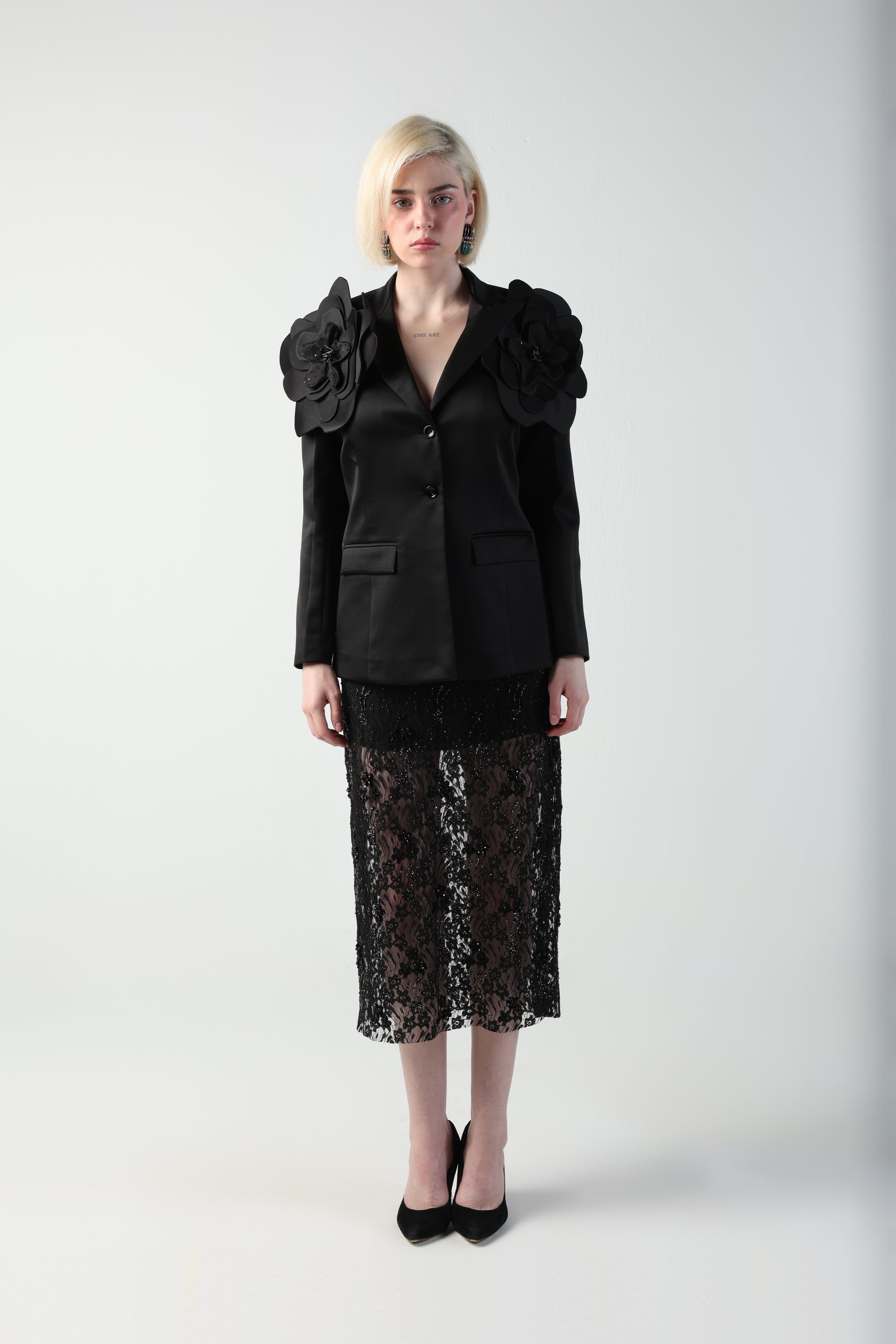 ALICIA MULTI SIZED 3D FLOWER OVERSIZED LOOK JACKET AND MIDI LACE SKIRT CO-ORD SET - Fllaë
