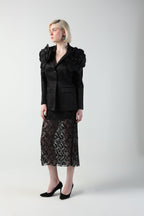 ALICIA MULTI SIZED 3D FLOWER OVERSIZED LOOK JACKET AND MIDI LACE SKIRT CO-ORD SET