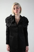 ALICIA MULTI SIZED 3D FLOWER OVERSIZED LOOK JACKET AND MIDI LACE SKIRT CO-ORD SET