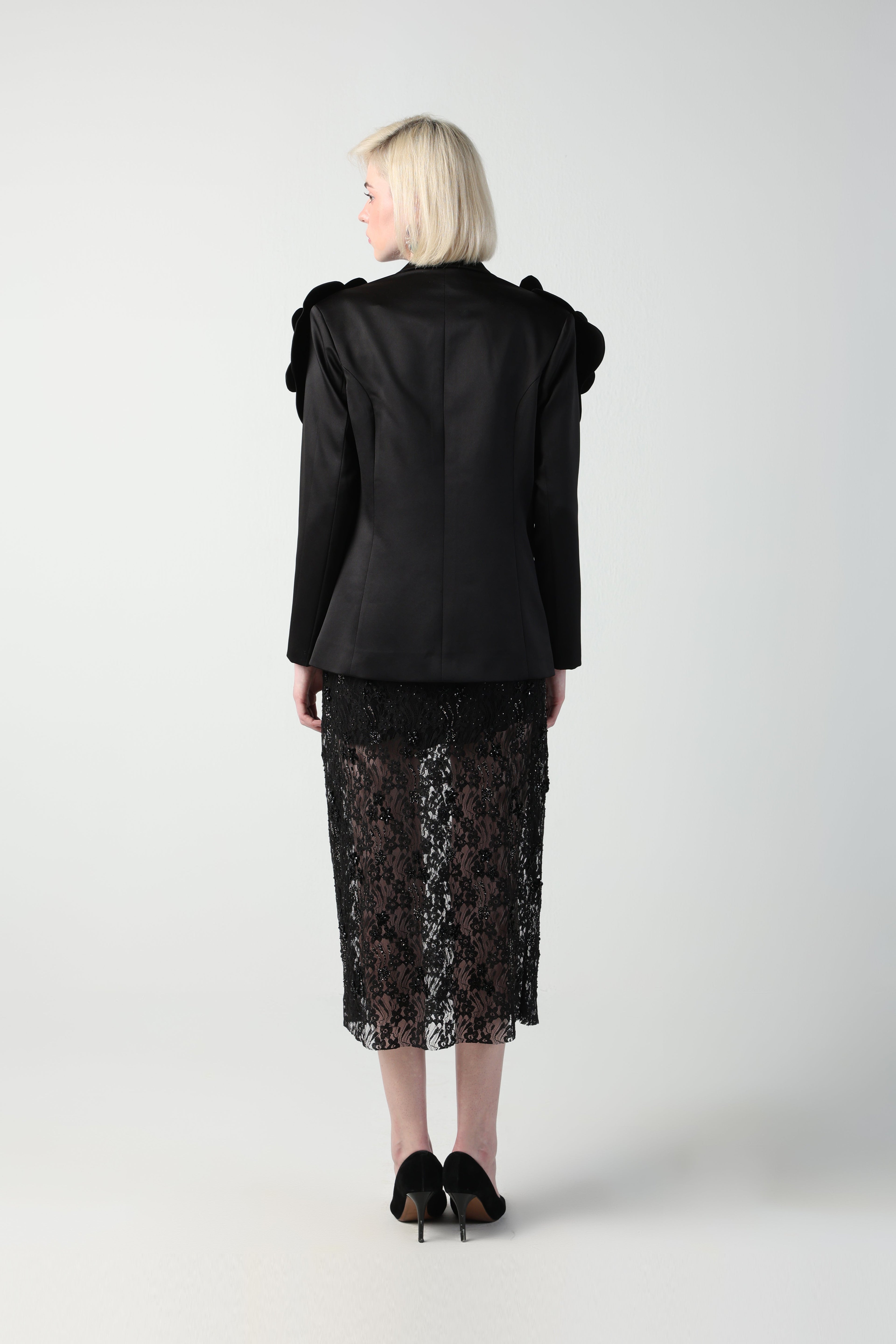 ALICIA MULTI SIZED 3D FLOWER OVERSIZED LOOK JACKET AND MIDI LACE SKIRT CO-ORD SET