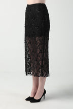 ALICIA MULTI SIZED 3D FLOWER OVERSIZED LOOK JACKET AND MIDI LACE SKIRT CO-ORD SET