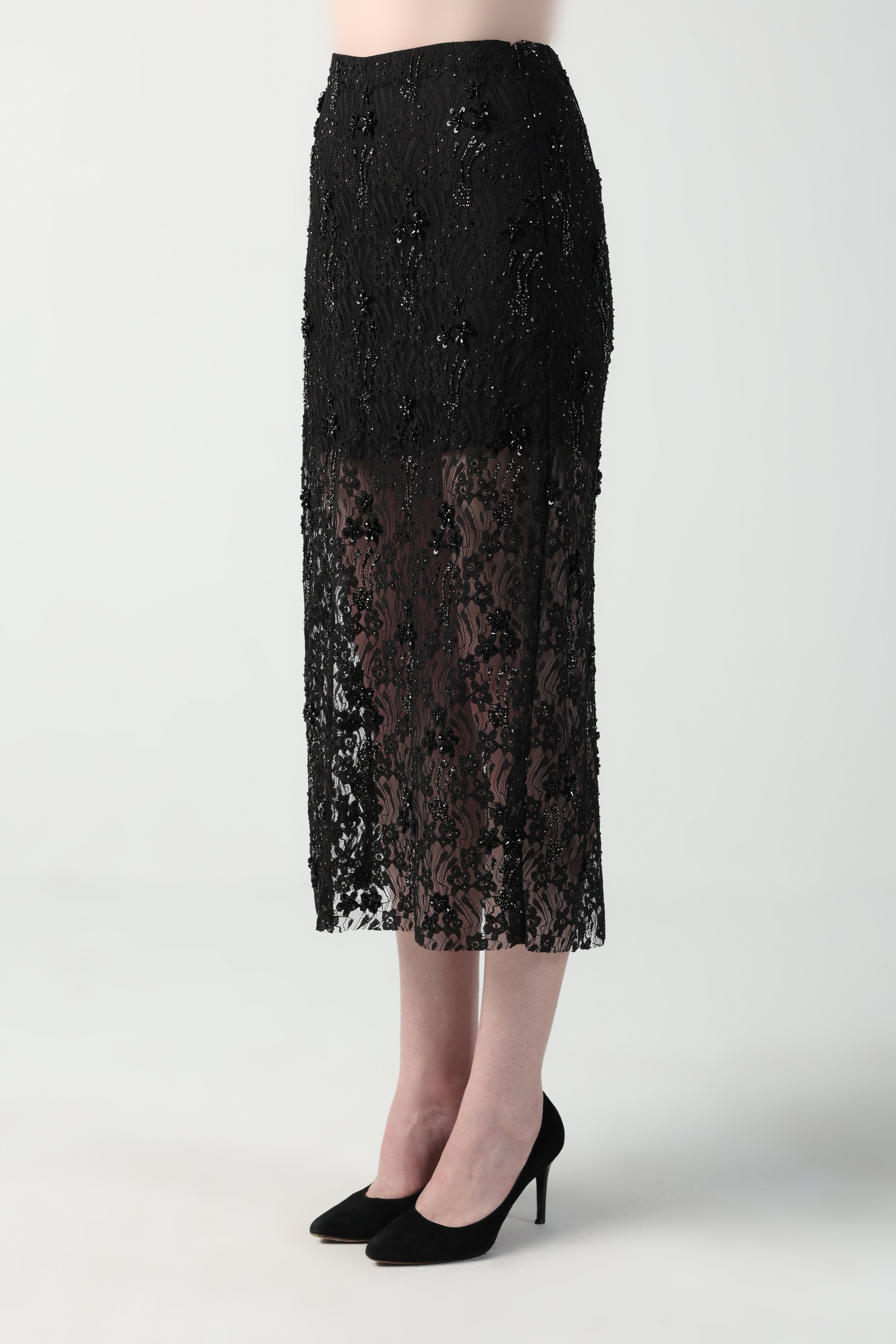 ALICIA MULTI SIZED 3D FLOWER OVERSIZED LOOK JACKET AND MIDI LACE SKIRT CO-ORD SET