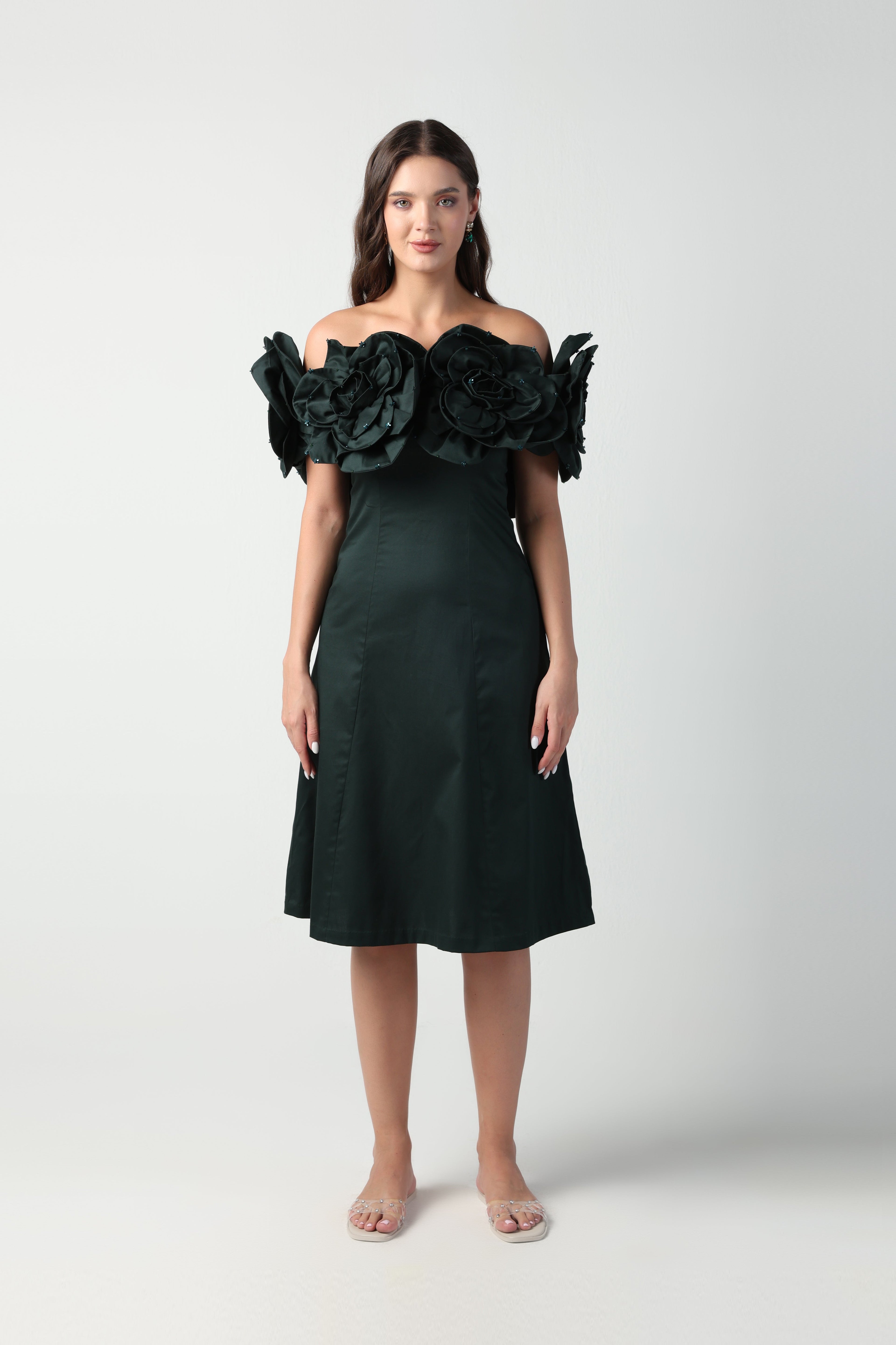 AURORA 3D FLOWER DARK GREEN OFF SHOULDER MIDI DRESS