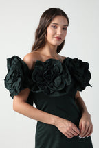 AURORA 3D FLOWER DARK GREEN OFF SHOULDER MIDI DRESS - Fllaë