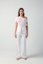 SLAVIA PINK AND WHITE ITALIAN SUMMER PRINTED 3D BOW CO-ORD SET - Fllaë