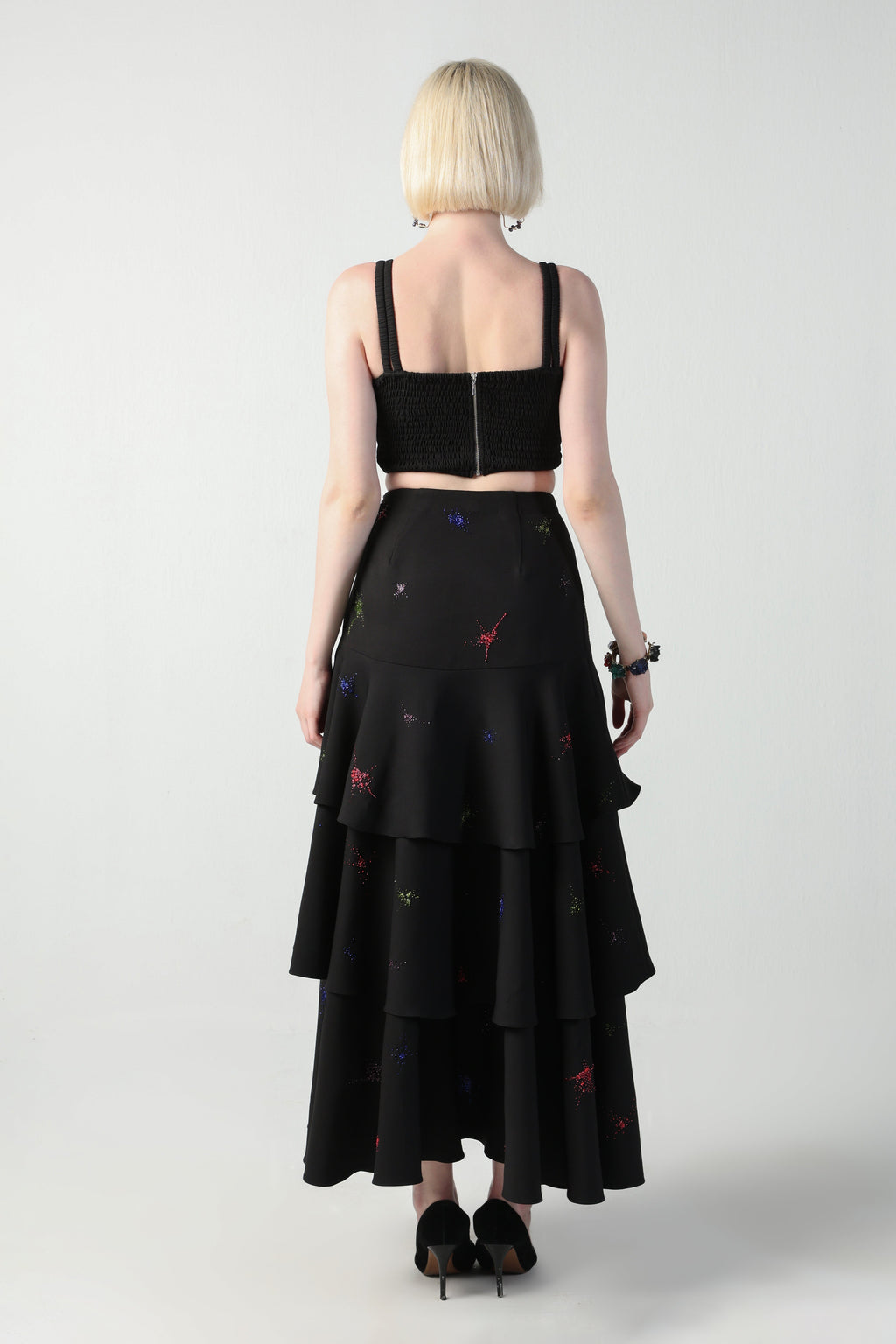 TOSCA BLACK COLORFUL SPLITTER SPLATTER DETACHABLE (LONG – SHORT) SKIRT CO-ORD SET