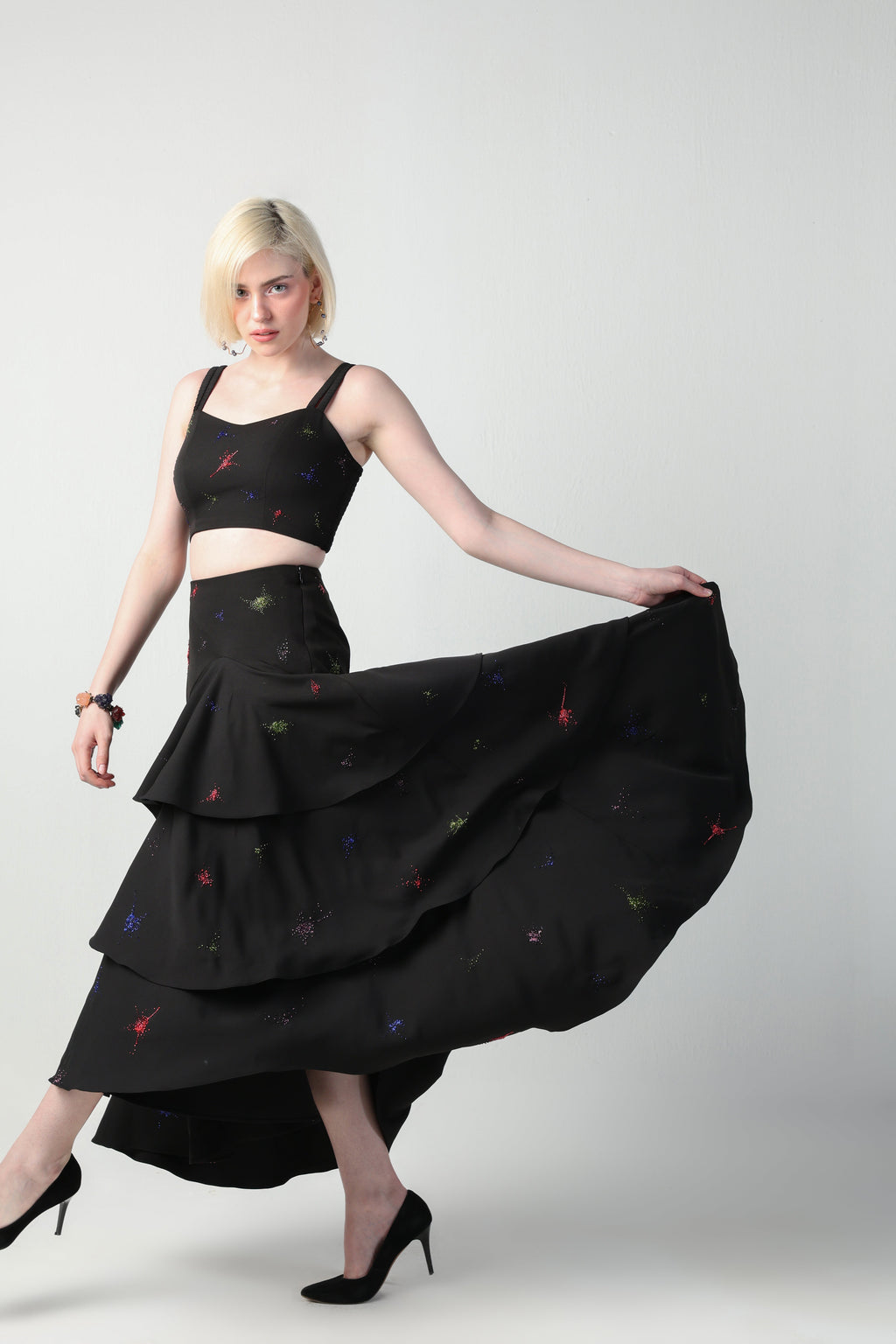 TOSCA BLACK COLORFUL SPLITTER SPLATTER DETACHABLE (LONG – SHORT) SKIRT CO-ORD SET - Fllaë