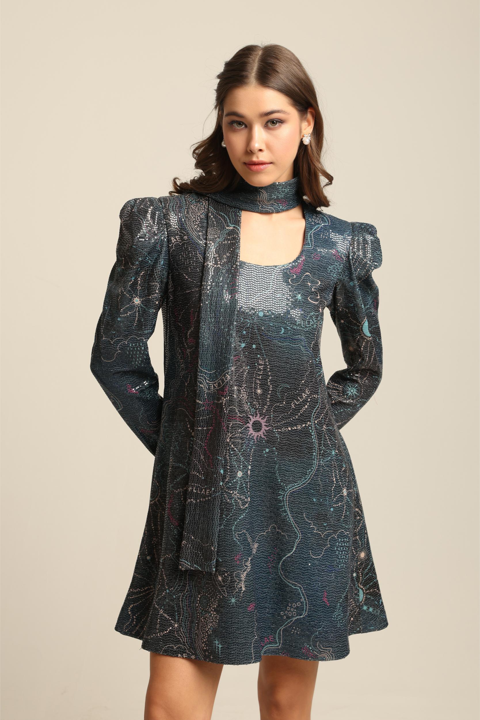 MAYA SEQUIN PRINT FULL SLEEVE DRESS - Fllaë