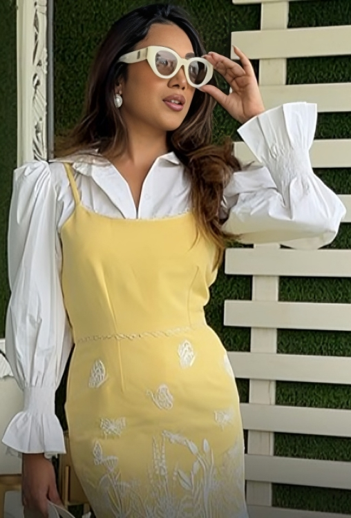 Yellow Midi Dress With White Puffed Sleeves Shirt - Sila Atelier