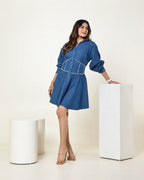 The dark blue denim embellished corset mini dress