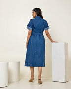 The dark blue denim button down shirt midi dress with tie up belt