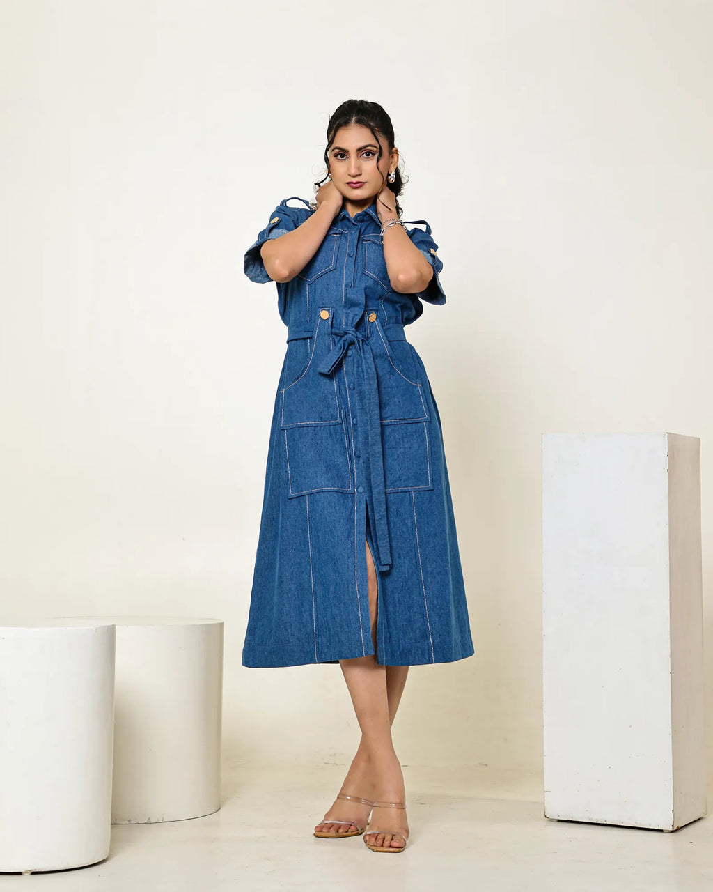 The dark blue denim button down shirt midi dress with tie up belt