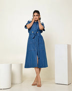 The dark blue denim button down shirt midi dress with tie up belt