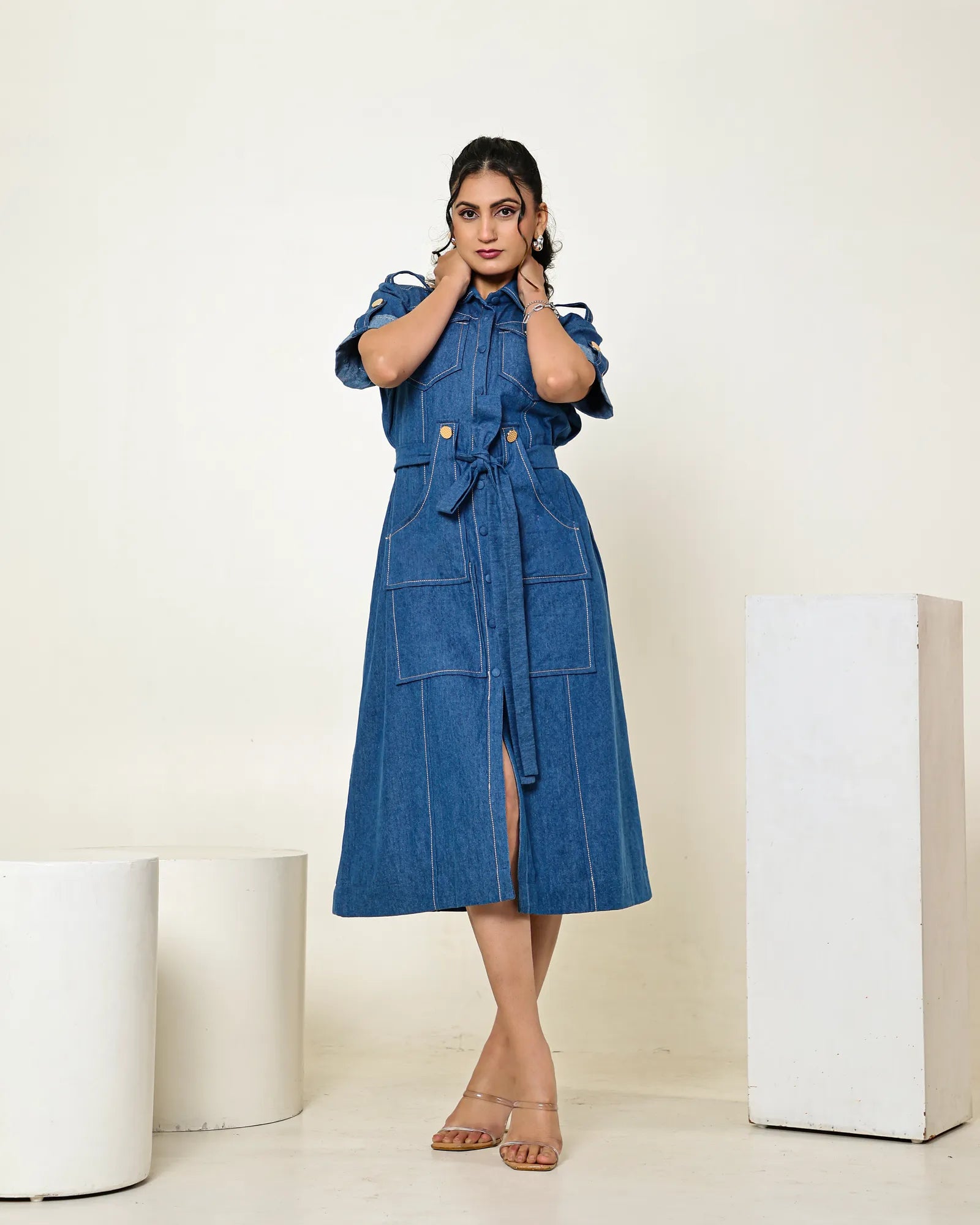 The dark blue denim button down shirt midi dress with tie up belt