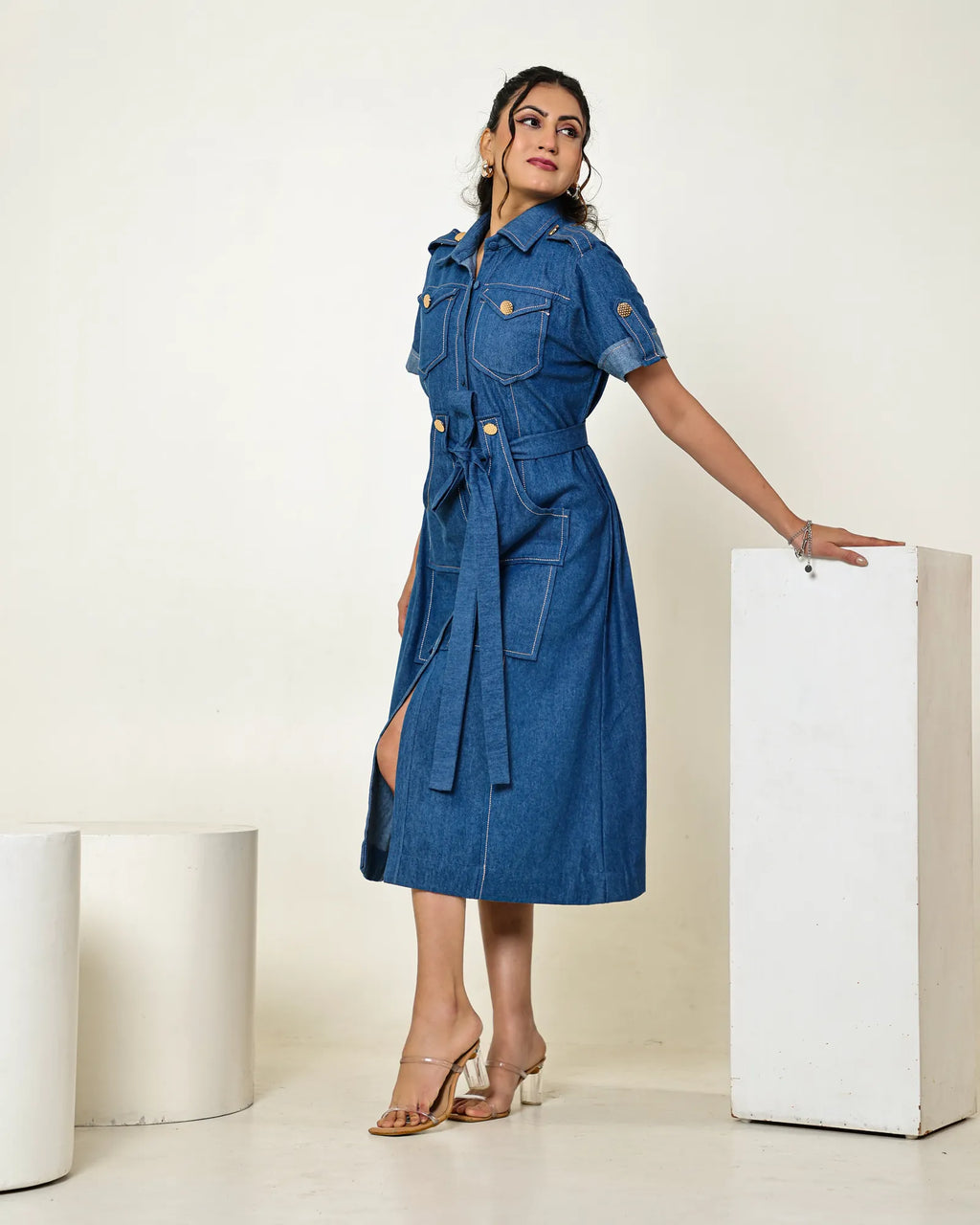 The dark blue denim button down shirt midi dress with tie up belt
