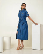 The dark blue denim button down shirt midi dress with tie up belt