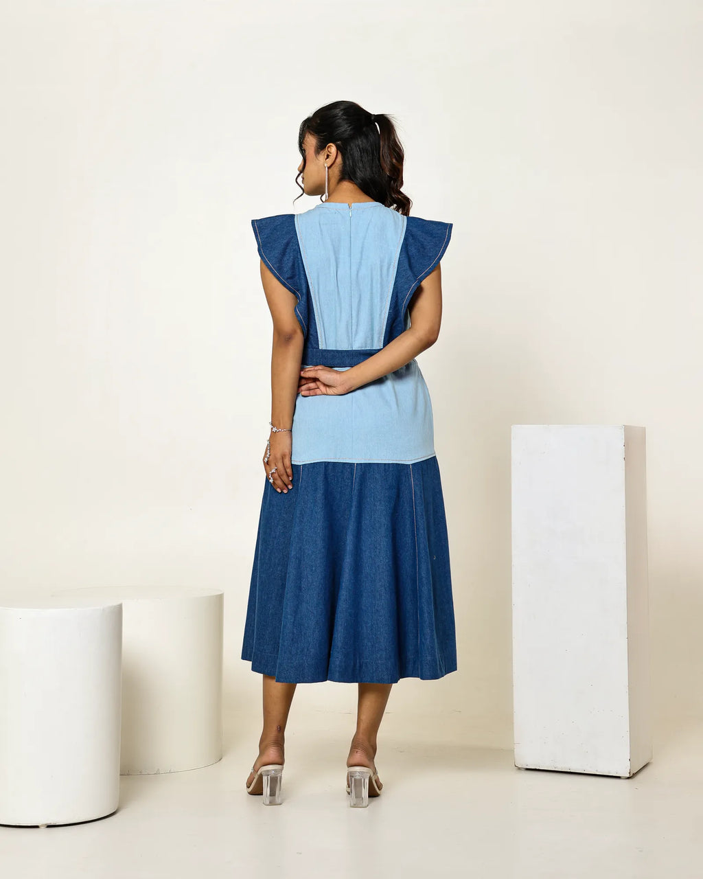 The Dark and light denim colour block midi dress with embellished belt