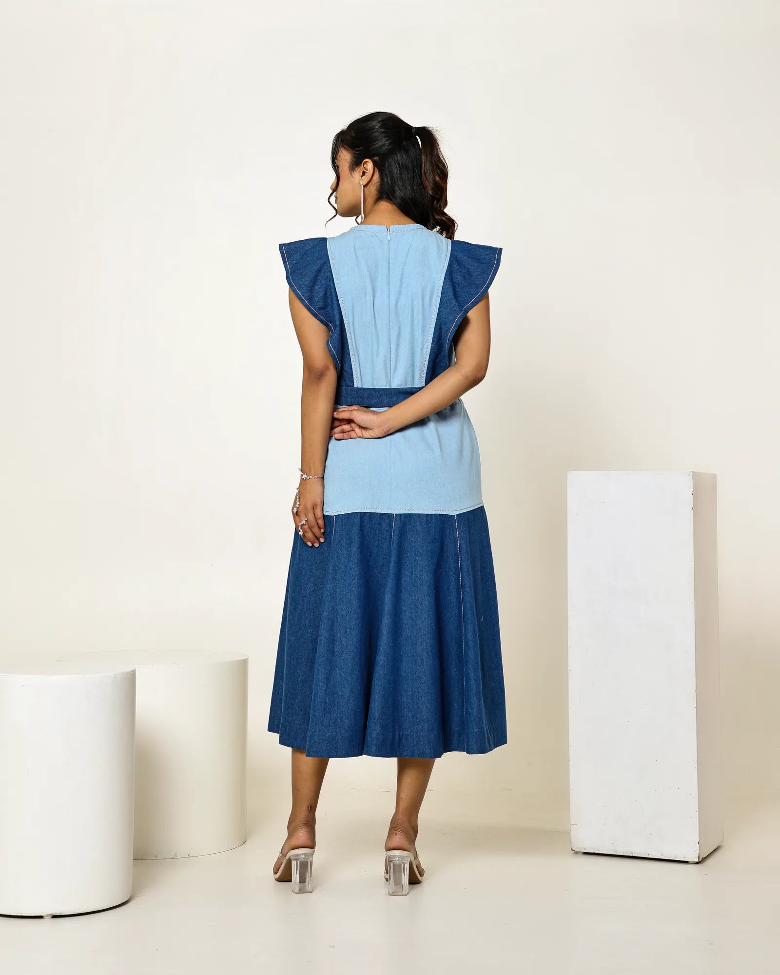 The Dark and light denim colour block midi dress with embellished belt