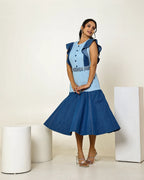 The Dark and light denim colour block midi dress with embellished belt