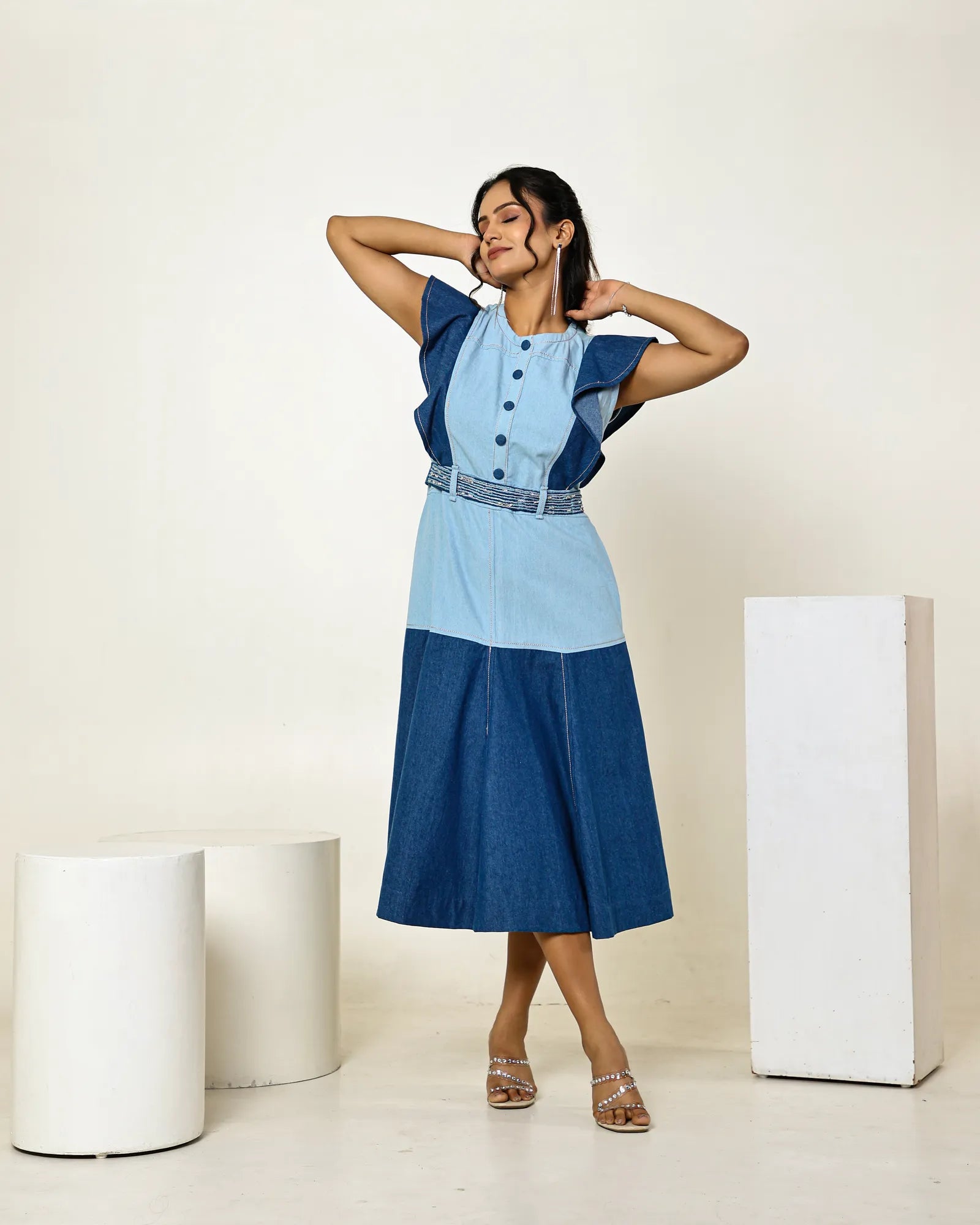 The Dark and light denim colour block midi dress with embellished belt